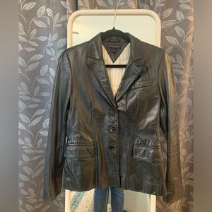 Woman’s Hilfiger outer leather Blazer suit jacket, pinstriped lining.